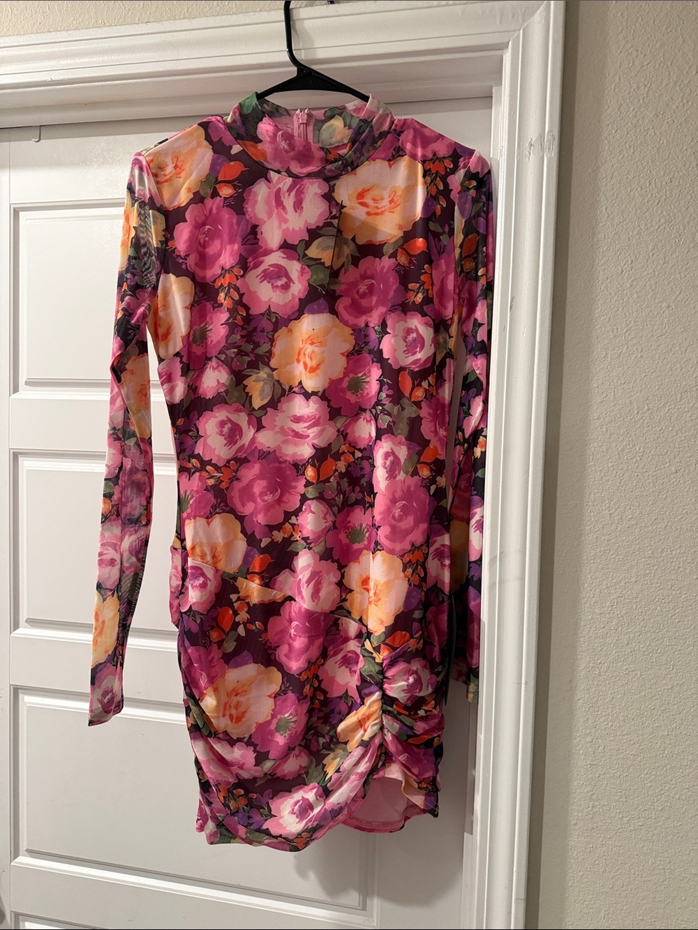 Lulu's Pink Floral Long-Sleeve Mock Neck Ruched Bodycon Dress